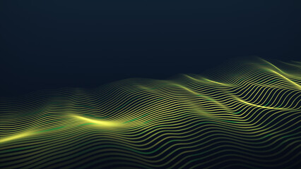 Dynamic yellow wave on a blue background. Visualization of big data. Futuristic particle wave. Science and technology. 3d rendering.