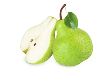 Pears on an isolated white background. Whole and half pear