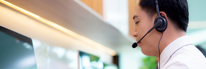 Customer service with friendly, man and woman call center and operator for support client, group of...