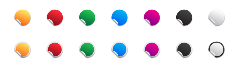 Set of round adhesive stickers with a folded edges. Blank stickers collection. Flat vector illustration.