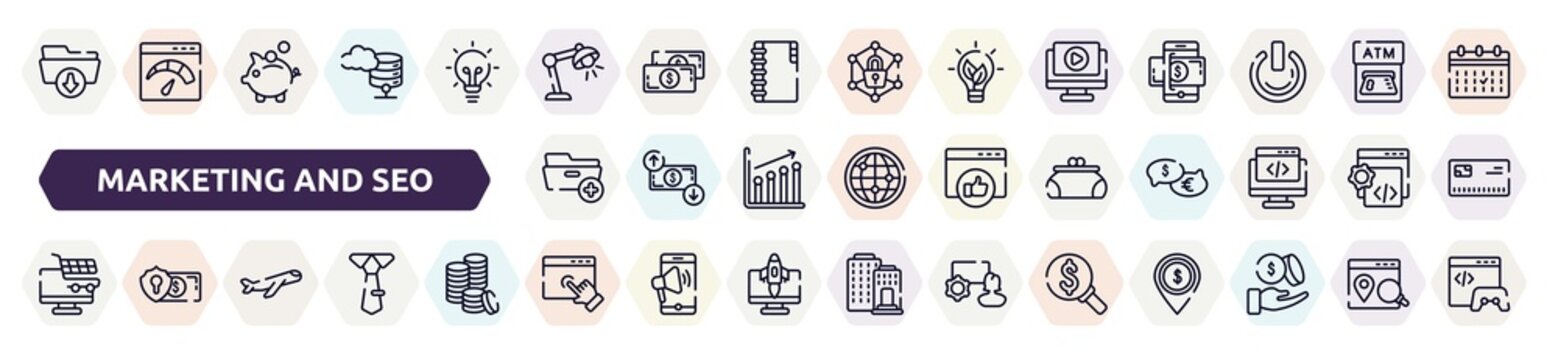marketing and seo outline icons set. thin line icons such as download folder, study light, play video, folder with plus, women puser, e commerce, inclined airplane, web cursor, currency search,