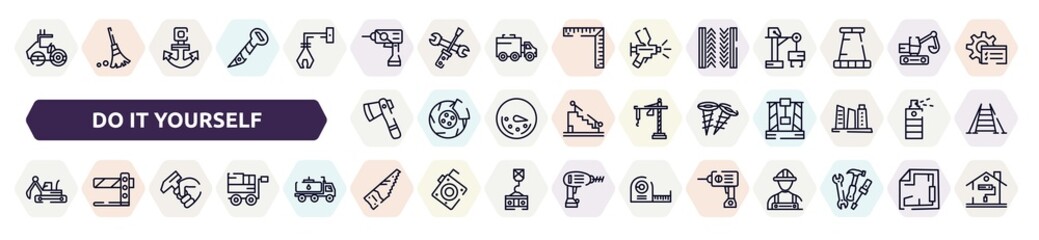 do it yourself outline icons set. thin line icons such as roller hine of construction, null, tiremark, inclined ax, two screws, excavator hine arm, hammer in hand, saw hand drawn tool, hine drill,