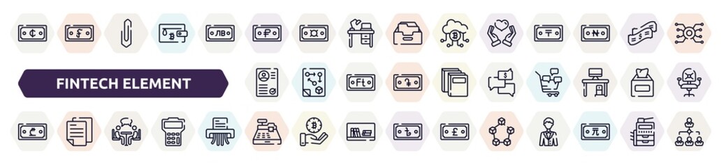 fintech element outline icons set. thin line icons such as viral marketing, strategic, anonymous, chance, charismatic, affiliate, seo and web, cancelation, trojan icon.