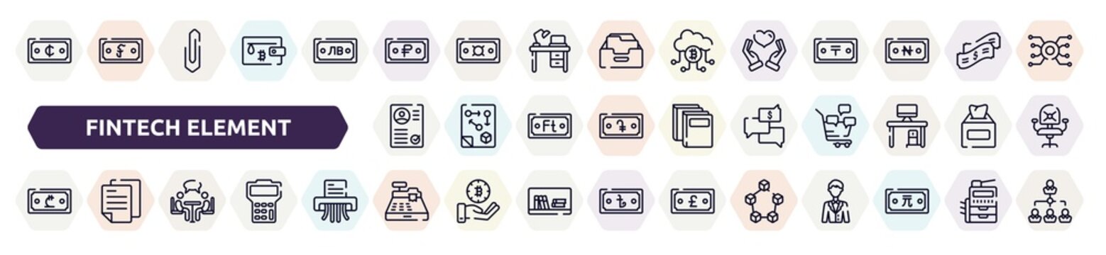 Fintech Element Outline Icons Set. Thin Line Icons Such As Viral Marketing, Strategic, Anonymous, Chance, Charismatic, Affiliate, Seo And Web, Cancelation, Trojan Icon.