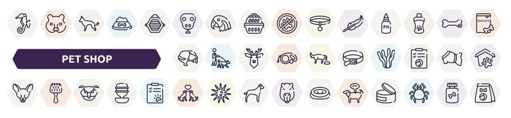 pet shop outline icons set. thin line icons such as sea horse, snake head, feathers, dog chasing tail, dog leads, fennec fox head, owl head, couple of dogs, pet disease icon.