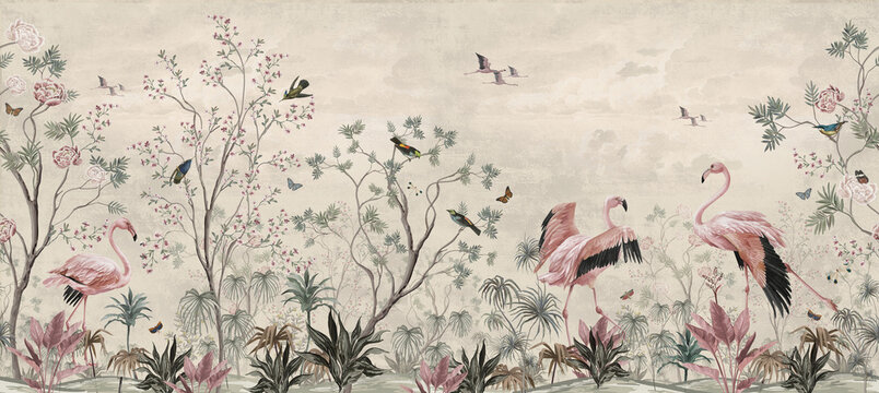 wallpaper jungle and leaves  tropical forest flamngo and tropical birds, old drawing vintage .