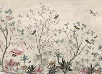 wallpaper jungle and tropical leaves forest flamngo and tropical birds, old drawing vintage . 2 - 508973908