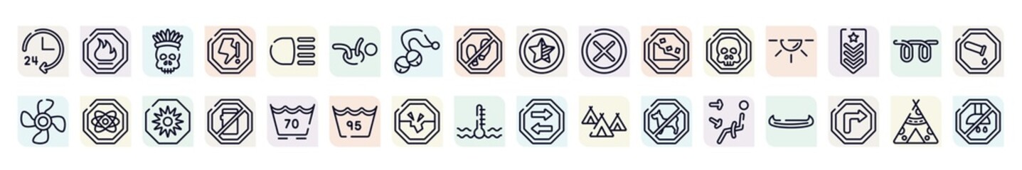 pictograms outline icons set. thin line icons such as 24 hours service, native american skull, childcare, unchecked, dome light, atom, no mobile phone, road collapse, air outlet icon.