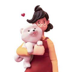 Fototapeta premium Portrait of cute smiling brunette girl in red glasses wearing brown overalls, yellow t-shirt holding large fluffy white playful puppy under her arm. Animal lover. 3d render isolated on white backdrop.
