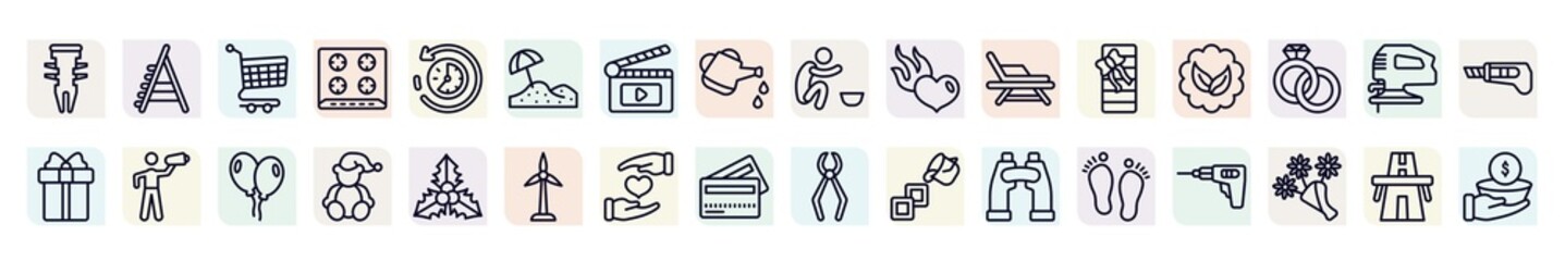 general outline icons set. thin line icons such as dyupel, shopping trolley, sand, heart in flames, go green badge, leader with loudspeaker, teddy bear with sleep hat, heart between hands, steps,
