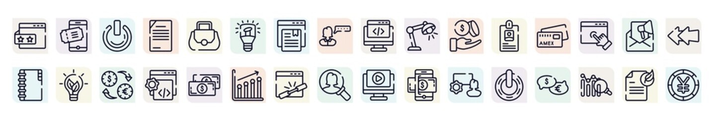 business and finance outline icons set. thin line icons such as rating stars, on power, light modern lamp tool, study light, , eco lightbulb, custom coding, add link, power variant icon.
