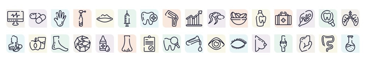 medicine and health outline icons set. thin line icons such as heartbeats monitoring, hand showing palm, anesthesia dentist injection diagonal, sperms, first aid kit bag, diet for health, spheres