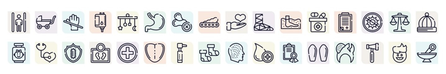 medical services outline icons set. thin line icons such as inversion therapy, latex, stoh, cast, admision form, medical checkup, body weight, otoscope, suppositories icon.