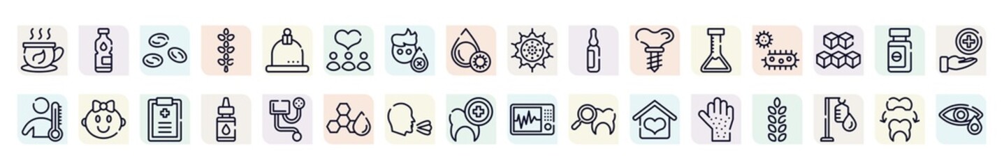 allergies outline icons set. thin line icons such as herbal tea, blood cells, donors, ampoule, bacterium, baby girl, essential oils, sneeze, rash icon.