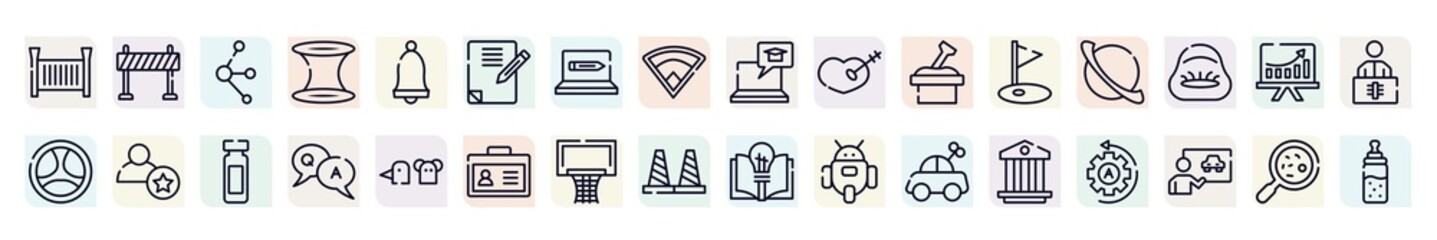 kindergarten outline icons set. thin line icons such as crib, molecules, homework, treason, saturn, novice, qa, basketball equipment, pillars icon.