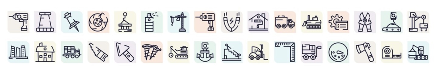 constructicons outline icons set. thin line icons such as null, pin tool, paint spray can, painting home, tools window, house hand drawn building, band saw, derrick with ball, trolley with cargo,