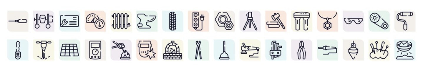 mining and crafting outline icons set. thin line icons such as autoloader, business cards, bidet, geodetic, rhinestone, puncture, ammeter, kiln, crimping pliers icon.