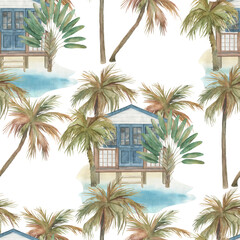 Fototapeta na wymiar Watercolor seamless pattern with houses and palm trees. Hand drawn illustration