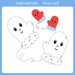 Handwriting practice sheet. Simple educational game for kids. Vector illustration of cute mittens for coloring book