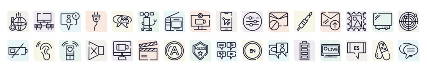 communication outline icons set. thin line icons such as warming, friend request, air pump, sound ting, outgoing, hear, silence, letter a, full battery icon.