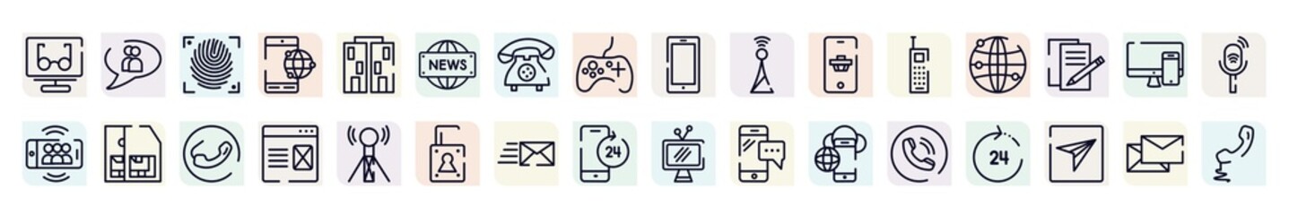 phone icons outline icons set. thin line icons such as reading mode, fingerprint scan, news report, , worlwide transmission, landing page, express mail, phone contact