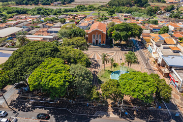 Serrana / São Paulo / Brazil - April 24, 2022 : Serrana city seen from above by drone, interior of...