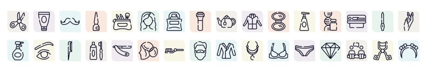 beauty outline icons set. thin line icons such as children scissors, big mustache, modern haicut, parka, gene, eye with lines, tooth paste and brush, teeth brush, panties icon.