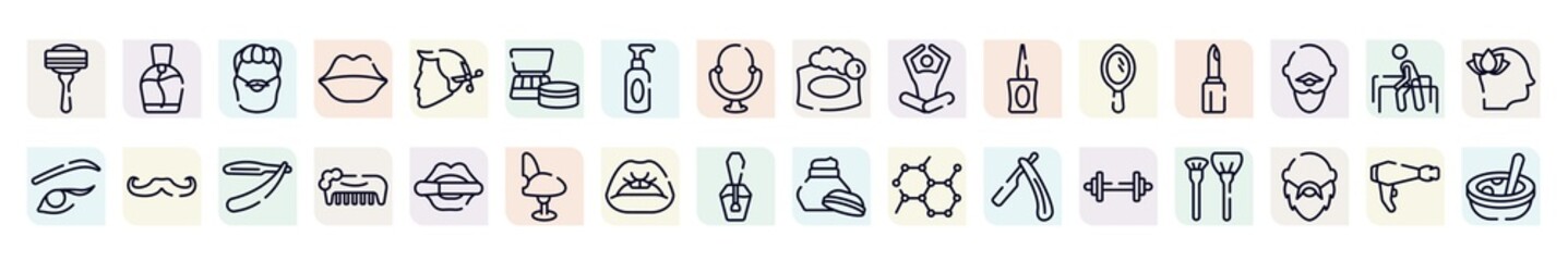 therapy outline icons set. thin line icons such as disposable razor, man with moustache and bear, cosmetics products, meditation, lipstick cosmetic, long hipster moustache, hand comb, women lips,
