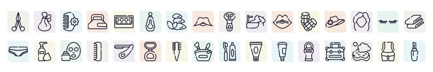 pretty outline icons set. thin line icons such as manicure scissors, hair clamp, big perfume bottle, hair washing, vintage woman hat, foam hair, men comb, two side comb, roll on deodorant