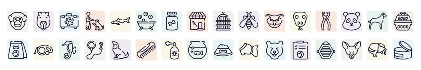 pet shop lineal outline icons set. thin line icons such as chimpanzee head, pet first aid, pets bath, big wasp, nail trimmer, extending leads, leash, spray, cat health list icon.
