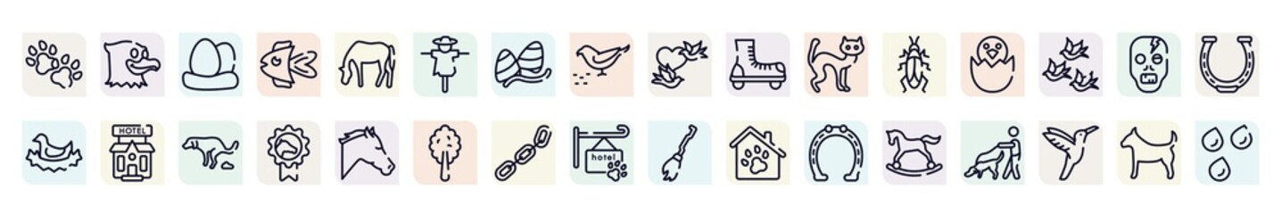 poi nature outline icons set. thin line icons such as dog paw, egg, scarecrow, roller skate, bird in broken egg, pets hotel, horse races badge, chains, horse rocker icon.