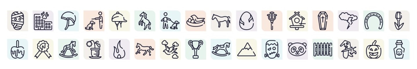 halloween outline icons set. thin line icons such as mummy, jockey hat, wild horse, egg with a crack, coffin, null, flower pot, null, panda face icon.