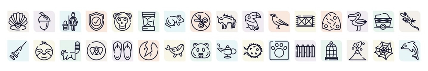 nature outline icons set. thin line icons such as pearl, cleaner, sun cream, toucan, anthill, sloth, branches, blue whale, fence icon.