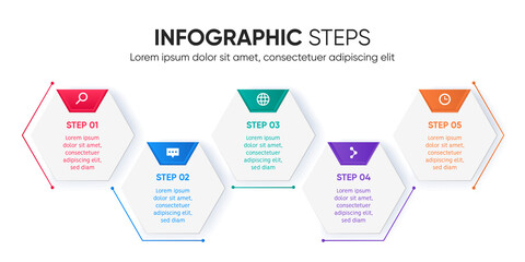 infographic steps hexagon future design. 5 steps with colorful options. Modern infographic with shadow. Editable vector design.
