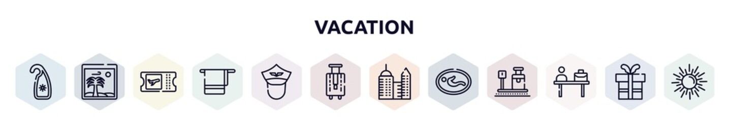 Fototapeta premium vacation outline icons set. thin line icons such as hang, vacation images, boarding card, bath towel, pilot of airplane, bag for travel, modern hotel, nursing room, check in desk icon.