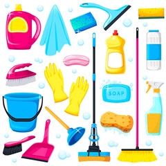 Isolated cleaning, washing equipment, tool, instrument set. Chemistry detergent, brush, gloves, mop, sponge, bucket, wiper, rag, soap, plunger, spray. Clean up house collection. Vector illustration