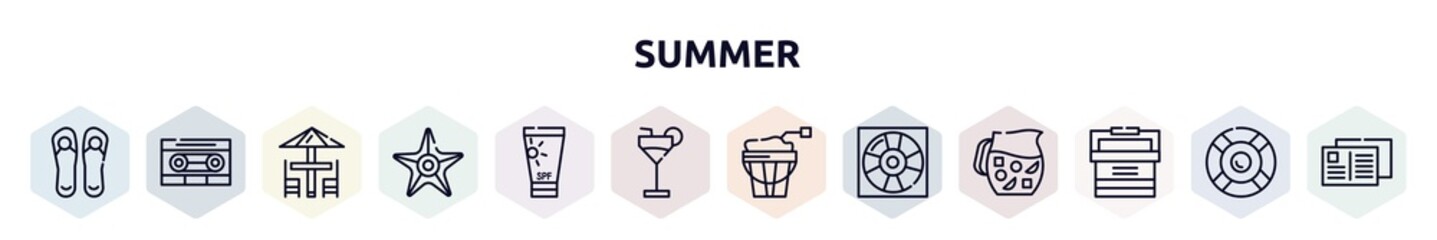 summer outline icons set. thin line icons such as pair of flip flops, caste, terrace, sea star, sunscreen, refreshing cold drink, sand bucket, life guard, portable fridge icon.