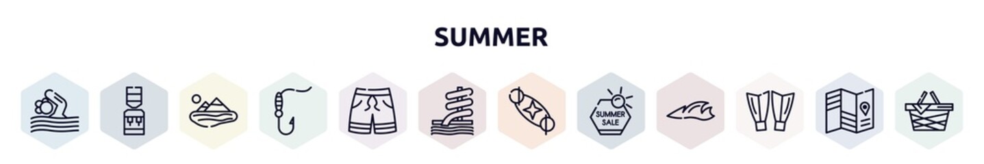 summer outline icons set. thin line icons such as swimming person, dispenser, lake, fish and hook, swimming trunks, aqua park, solstice, summer sale, diving fins icon.