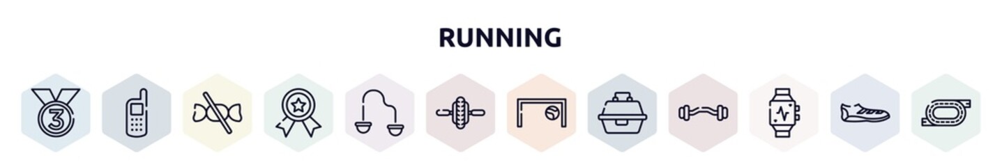 running outline icons set. thin line icons such as third place, variometer, no sweets, first prize, resistance band, electric unicycle, football goal, tackle box, pulsometer icon.