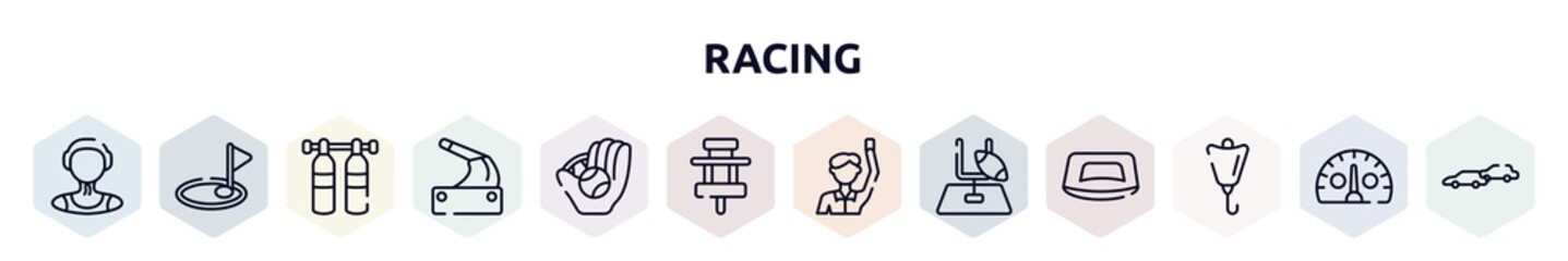 racing outline icons set. thin line icons such as waterpolo player, birdie, gas cilinder, handbrake, baseball ball, paddock, committee, rugby goal, lift bag icon.