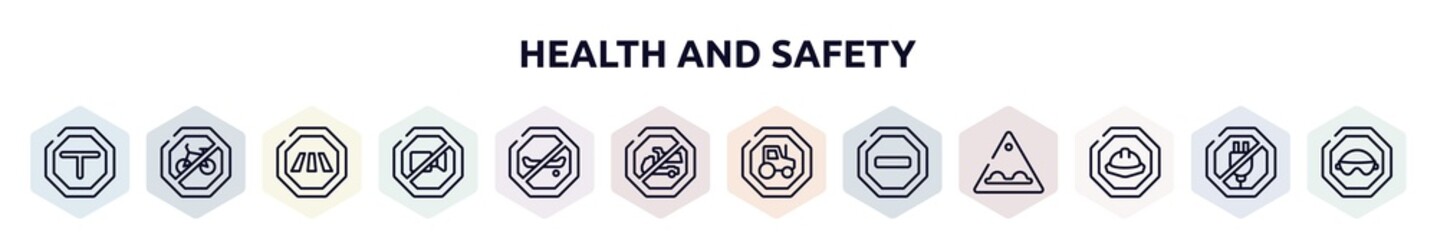 health and safety outline icons set. thin line icons such as intersecting, no bicycle, cross road, no video, no skating, trucks, heavy vehicle, prohibited way, hard icon.