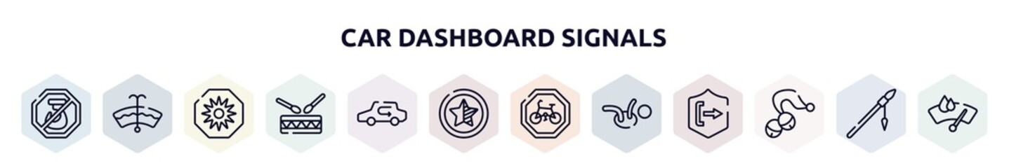 car dashboard signals outline icons set. thin line icons such as no hoist, windshield washer, uv ray warning, native americandrum, recirculation, half star, cycle lane, childcare, sleigh bell,
