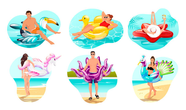 Set images of young people, men, women with inflatable swimming circles. Man, woman with inflatable circle, ring, float in form of animal, bird for swimming in water pool, sea. Vector illustration