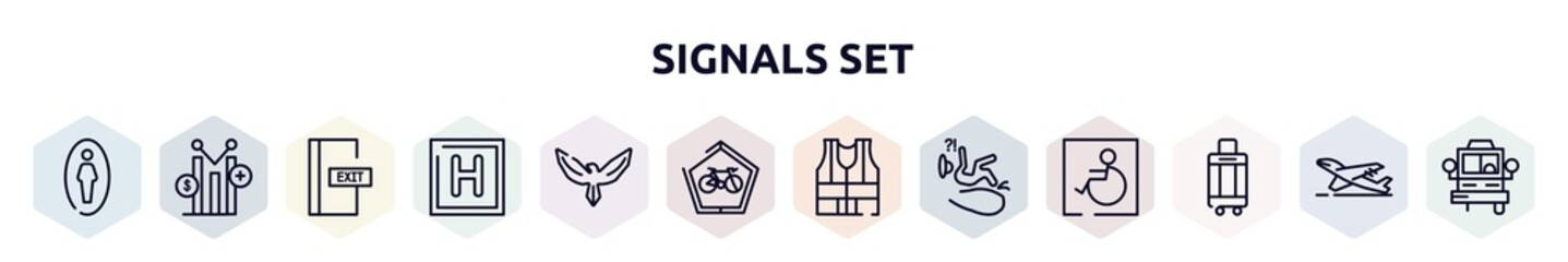signals set outline icons set. thin line icons such as men toilet, yield, emergency door, round hotel, hawk, ecological bicycle transport, high visibility vest, slip, hand luggage icon.