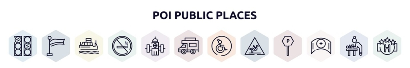 poi public places outline icons set. thin line icons such as semaphore lights, plain flag, water taxi, forbidden smoking, water bomb city supplier, jitney, wheelchair side view, wet floot, nursing,