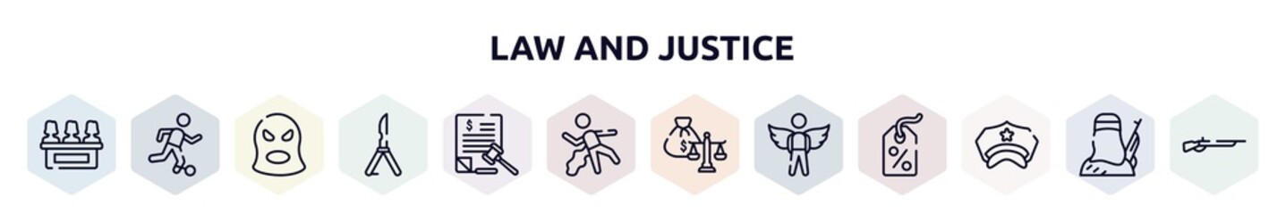 law and justice outline icons set. thin line icons such as jury, escape, balaclava, butterfly knife, tax law, corpse, inheritance law, innocent, police hat icon.