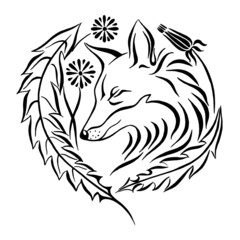 Sleeping fox head in floral ornament. Black and white linear drawing. Vector illustration. Calligraphy illustration.