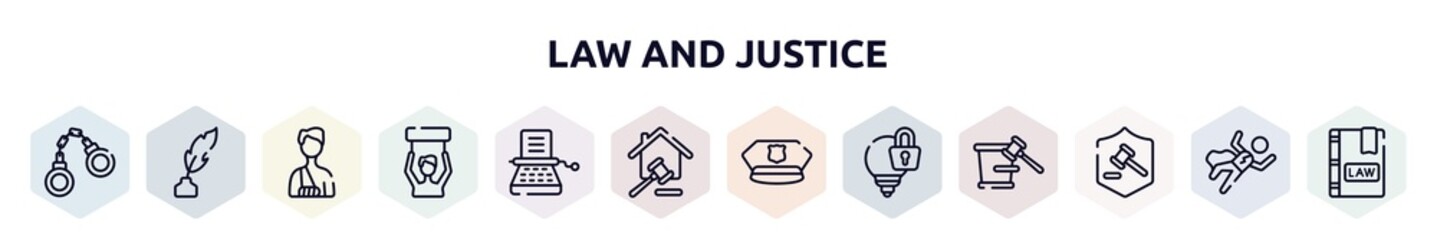 law and justice outline icons set. thin line icons such as criminal law, feather pen, accident and injuries, civil rights, stenographer, property and finance, police cap, intellectual property,