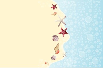 Beautiful background with seashells and starfishes on a beach. Beach, marine nature, nautical concept. Vector Illustration. Beach background
