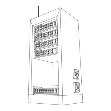 Data network server in cabinet. Diagnostic test in computer room technology communication computers and device concept. Wireframe low poly mesh vector illustration.